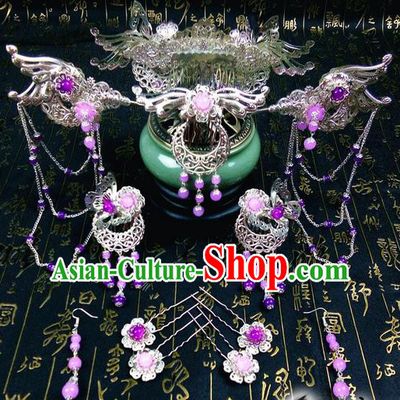 Traditional Handmade Chinese Ancient Classical Hair Accessories Complete Set, Phoenix Coronet Step Shake Tassel Hair Stick, Hair Fascinators Hairpins for Women