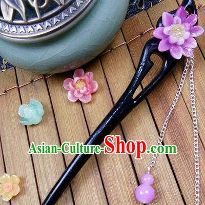Traditional Handmade Chinese Ancient Classical Hair Accessories Peach Wood Hairpins, Purple Flower Tassel Step Shake Hair Stick Hair Fascinators for Women