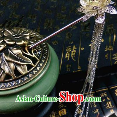 Traditional Handmade Chinese Ancient Classical Hair Accessories Lotus Hairpins, Tassel Step Shake Hair Stick Hair Fascinators for Women