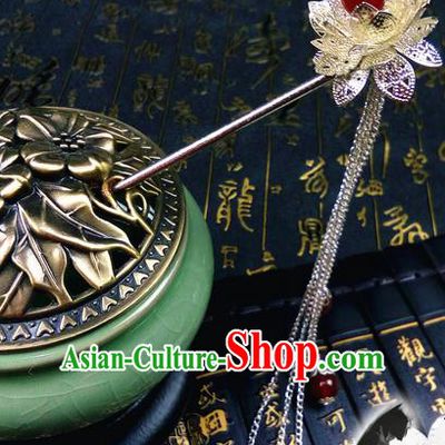 Traditional Handmade Chinese Ancient Classical Hair Accessories Lotus Hairpins, Red Bead Tassel Step Shake Hair Stick Hair Fascinators for Women