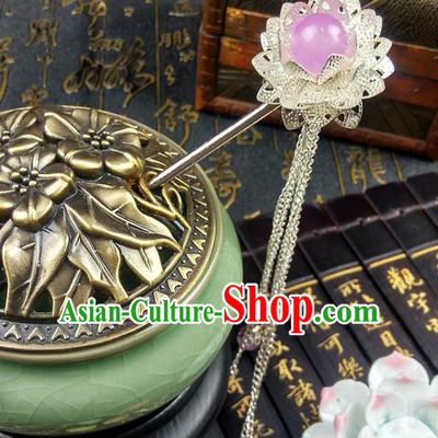 Traditional Handmade Chinese Ancient Classical Hair Accessories Lotus Hairpins, Pink Bead Tassel Step Shake Hair Stick Hair Fascinators for Women