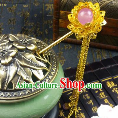 Traditional Handmade Chinese Ancient Classical Hair Accessories Lotus Golden Hairpins, Pink Bead Tassel Step Shake Hair Stick Hair Fascinators for Women