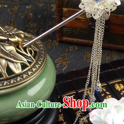 Traditional Handmade Chinese Ancient Classical Hair Accessories Lotus Hairpins, Blue Bead Tassel Step Shake Hair Stick Hair Fascinators for Women