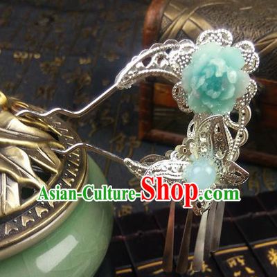 Traditional Handmade Chinese Ancient Classical Hair Accessories, Princess Butterfly Blue Flower Step Shake Hair Sticks, Hair Fascinators Hairpins for Women