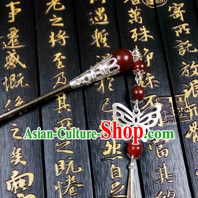 Traditional Handmade Chinese Ancient Classical Red Bead Hair Accessories, Step Shake Hair Sticks, Hair Fascinators Butterfly Hairpins for Women