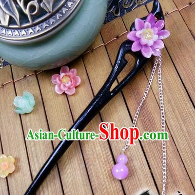 Traditional Handmade Chinese Ancient Classical Hair Accessories Ebony Hairpins, Princess Purple Flower Tassel Step Shake Headpiece for Women