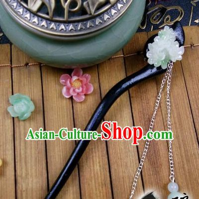 Traditional Handmade Chinese Ancient Classical Hair Accessories Ebony Hairpins, Princess Green Flower Tassel Step Shake Headpiece for Women