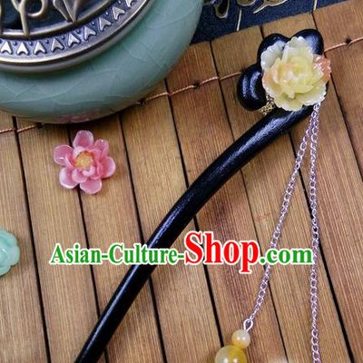 Traditional Handmade Chinese Ancient Classical Hair Accessories Ebony Hairpins, Princess Yellow Flower Tassel Step Shake Headpiece for Women