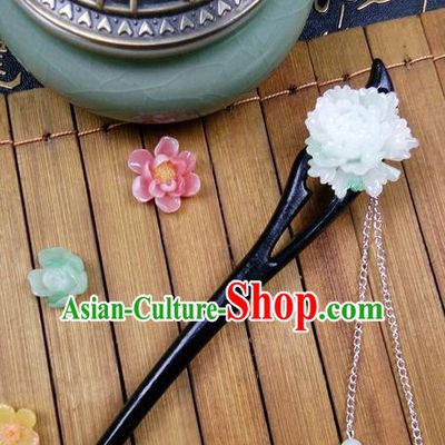 Traditional Handmade Chinese Ancient Classical Hair Accessories Ebony Hairpins, Princess Blue Flower Tassel Step Shake Headpiece for Women