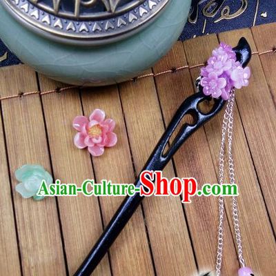 Traditional Handmade Chinese Ancient Classical Hair Accessories Ebony Hairpins, Princess Purple Oriental Cherry Tassel Step Shake Headpiece for Women