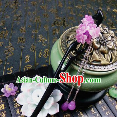 Traditional Handmade Chinese Ancient Classical Hair Accessories Ebony Hairpins, Princess Pink Oriental Cherry Tassel Step Shake Headpiece for Women