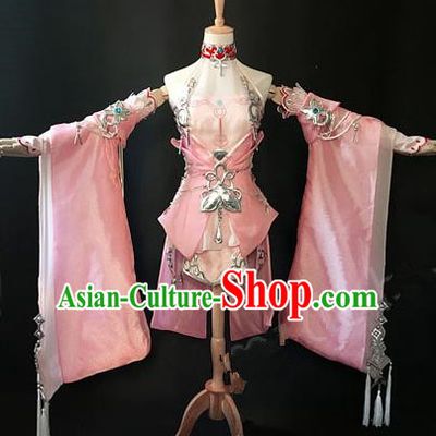 Asian Chinese Traditional Cospaly Costume Customization Swordswoman Dance Costume, China Elegant Hanfu Princess Pink Dress Clothing for Women