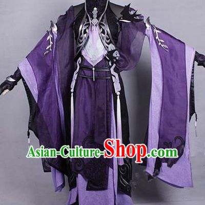 Asian Chinese Traditional Cospaly Costume Customization Zoroastrianism Witch Costume Complete Set, China Elegant Hanfu Swordswoman Purple Dress Clothing for Women