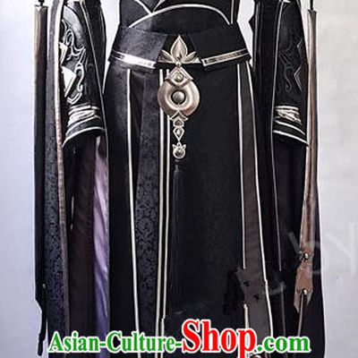 Asian Chinese Traditional Cospaly Costume Customization Ancient Royal Highness General Costume Complete Set, China Elegant Hanfu Swordsman Black Clothing for Men