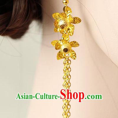 Chinese Ancient Style Hair Jewelry Accessories Wedding Imperial Consort Golden Flower Earrings, Hanfu Xiuhe Suits Bride Handmade Brass Tassel Eardrop for Women