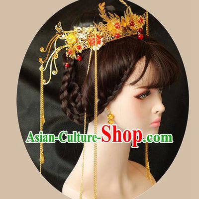 Chinese Ancient Style Hair Jewelry Accessories Wedding Hairpins, Hanfu Xiuhe Suits Bride Imperial Empress Handmade Phoenix Coronet Complete Set for Women