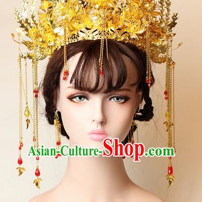 Chinese Ancient Style Hair Jewelry Accessories Wedding Tassel Hairpins, Hanfu Xiuhe Suits Step Shake Bride Handmade Phoenix Coronet Hair Fascinators for Women