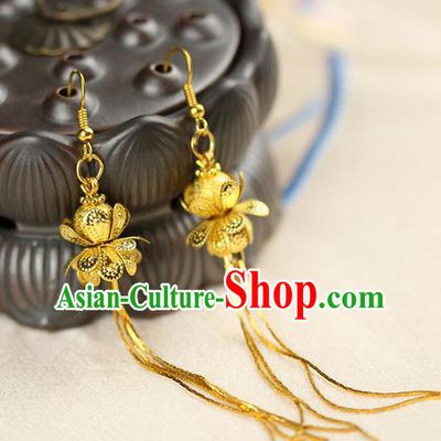 Chinese Ancient Style Hair Jewelry Accessories Wedding Golden Lotus Earrings, Hanfu Xiuhe Suits Bride Handmade Eardrop for Women