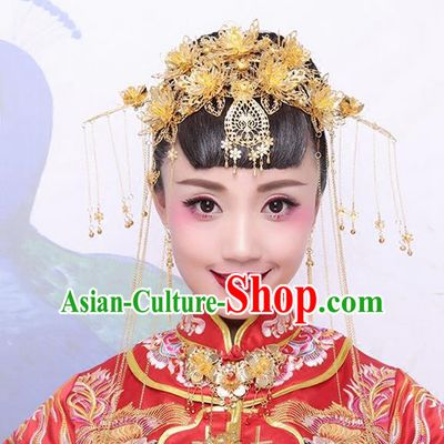Asian Chinese Ancient Style Hair Jewelry Accessories Wedding Headwear, Hanfu Xiuhe Suits Bride Imperial Empress Handmade Phoenix Coronet Complete Set for Women