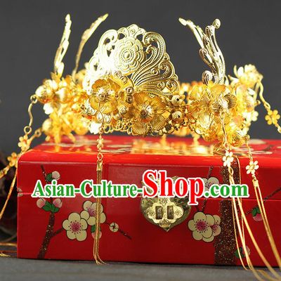 Asian Chinese Ancient Style Hair Jewelry Accessories Wedding Headwear, Hanfu Xiuhe Suits Bride Handmade Phoenix Coronet for Women