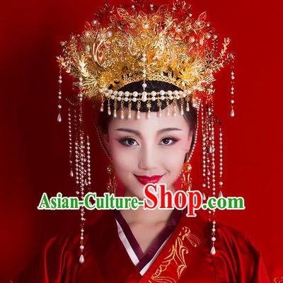 Asian Chinese Ancient Style Hair Jewelry Accessories Wedding Headwear, Hanfu Xiuhe Suits Bride Handmade White Prerls Tassel Phoenix Coronet for Women