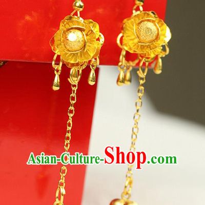 Chinese Ancient Style Hair Jewelry Accessories Wedding Golden Tassel Earrings, Hanfu Xiuhe Suits Bride Handmade Eardrop for Women