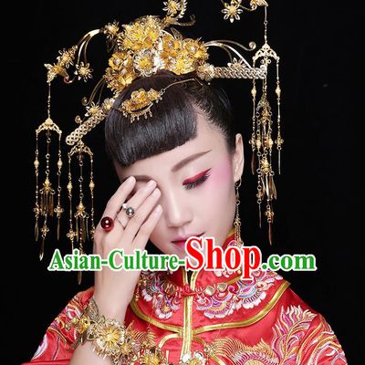 Asian Chinese Ancient Style Hair Jewelry Accessories Wedding Headwear, Hanfu Xiuhe Suits Bride Handmade Tassel Phoenix Coronet Hair Fascinators Complete Set for Women