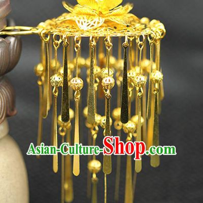 Asian Chinese Ancient Style Hair Jewelry Accessories Wedding Tassel Hairpins, Lotus Step Shake Hanfu Xiuhe Suits Bride Handmade Hair Sticks for Women