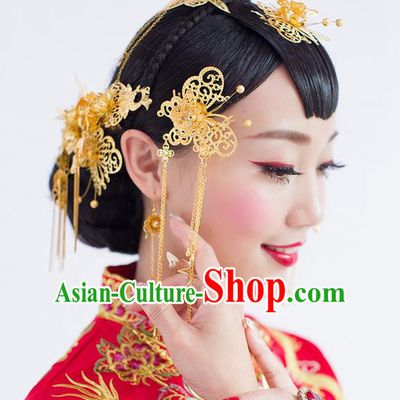 Asian Chinese Ancient Style Hair Jewelry Accessories Wedding Headwear, Hanfu Xiuhe Suits Bride Handmade Tassel Butterfly Hairpins Hair Fascinators Complete Set for Women