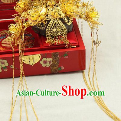 Asian Chinese Ancient Style Hair Jewelry Accessories Wedding Tassel Golden Hair Clasp, Step Shake Hanfu Xiuhe Suits Bride Handmade Phoenix Coronet for Women