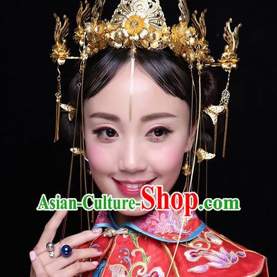 Chinese Ancient Style Hair Jewelry Accessories Wedding Tassel Hairpins, Hanfu Xiuhe Suits Step Shake Bride Handmade Phoenix Coronet Hair Fascinators Complete Set for Women