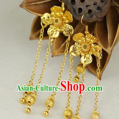 Chinese Ancient Style Hair Jewelry Accessories Wedding Golden Flower Earrings, Hanfu Xiuhe Suits Bride Handmade Eardrop for Women