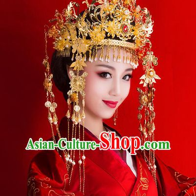 Chinese Ancient Style Hair Jewelry Accessories Wedding Luxury Tassel Hairpins, Hanfu Xiuhe Suits Step Shake Bride Tuinga Handmade Phoenix Coronet Complete Set for Women