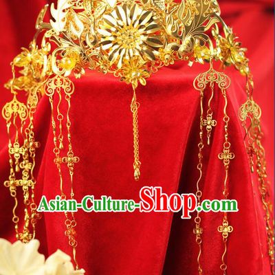 Chinese Ancient Style Hair Jewelry Accessories Wedding Luxury Tassel Hairpins, Hanfu Xiuhe Suits Step Shake Bride Tuinga Handmade Golden Phoenix Coronet for Women
