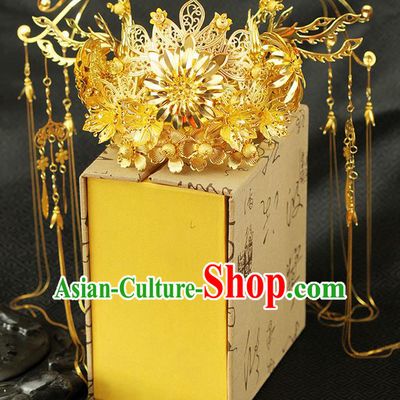 Chinese Ancient Style Hair Jewelry Accessories Wedding Tassel Hairpins, Hanfu Xiuhe Suits Step Shake Bride Tuinga Handmade Phoenix Coronet for Women
