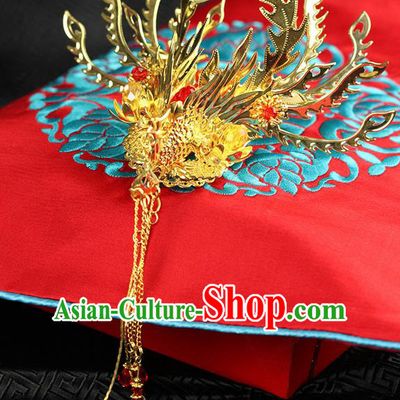 Asian Chinese Ancient Style Hair Jewelry Accessories, Wedding Hanfu Xiuhe Suits Step Shake Bride Handmade Tassel Phoenix Coronet for Women