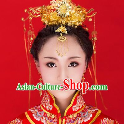 Chinese Ancient Style Hair Jewelry Accessories Wedding Tassel Hairpins, Hanfu Xiuhe Suits Step Shake Bride Tuinga Handmade Phoenix Coronet for Women