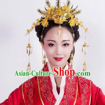 Chinese Ancient Style Hair Jewelry Accessories Wedding Golden Phoenix Coronet Complete Set, Hanfu Xiuhe Suits Step Shake Bride Handmade Hairpins for Women