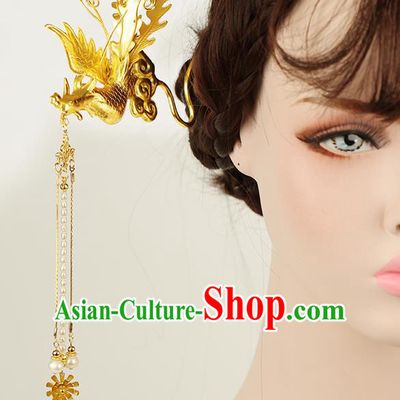 Chinese Ancient Style Hair Jewelry Accessories Wedding Golden Phoenix Hair Stick, Hanfu Xiuhe Suits Step Shake Bride Handmade Hairpins for Women