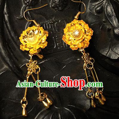 Chinese Ancient Style Hair Jewelry Accessories Wedding Imperial Consort Flower Earrings, Hanfu Xiuhe Suits Bride Handmade Golden Eardrop for Women