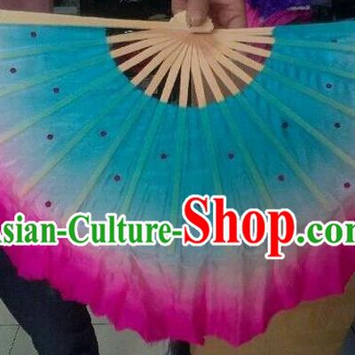 Pure Silk Traditional Chinese Fans Oriental Gradient Blue Ribbon Fan Folk Dance Cultural Yanko Dance Hand Fan