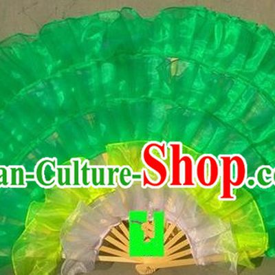 Pure Silk Traditional Chinese Fans Oriental Green Ribbon Fan Folk Dance Cultural Yanko Dance Hand Fan
