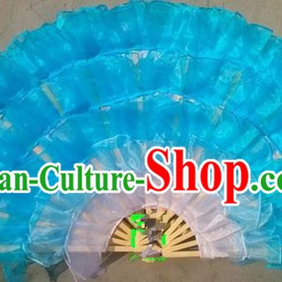 Pure Silk Traditional Chinese Fans Oriental Blue Ribbon Fan Folk Dance Cultural Yanko Dance Hand Fan