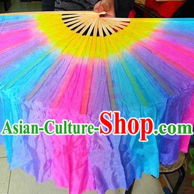 Pure Silk Traditional Chinese Fans Oriental Colorful Ribbon Folding Fan Folk Dance Cultural Yangko Dance Hand Fan