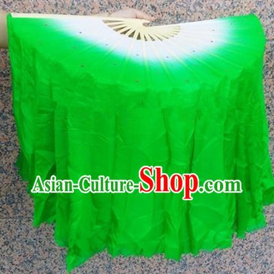 Pure Silk Traditional Chinese Fans Oriental Green Ribbon Folding Fan Folk Dance Cultural Yangko Dance Hand Fan