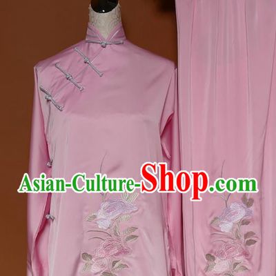Top Grade Kung Fu Costume Asian Chinese Martial Arts Kung Fu Training Uniform, China Embroidery Peony Gongfu Shaolin Wushu Pink Clothing for Women