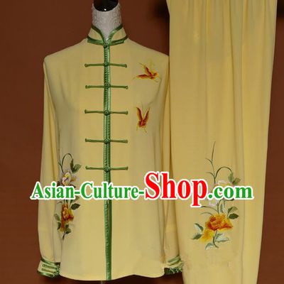 Top Grade Kung Fu Costume Asian Chinese Martial Arts Kung Fu Training Uniform, China Embroidery Butterfly Gongfu Shaolin Wushu Yellow Clothing for Women