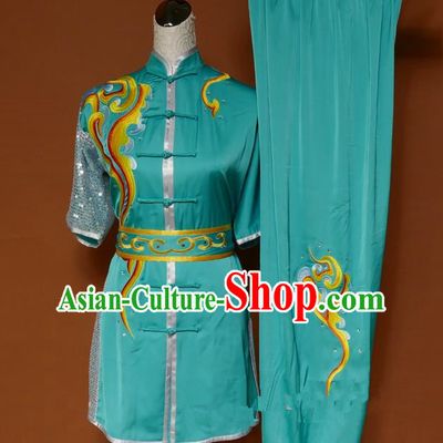 Top Grade Kung Fu Costume Asian Chinese Martial Arts Tai Chi Training Green Uniform, China Embroidery Gongfu Shaolin Wushu Clothing for Men for Women