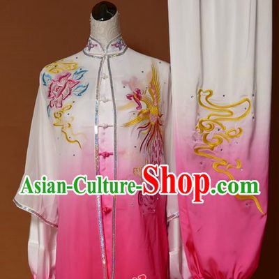 Top Grade Kung Fu Costume Asian Chinese Martial Arts Tai Chi Training Pink Uniform, China Embroidery Phoenix Peony Gongfu Shaolin Wushu Clothing for Women