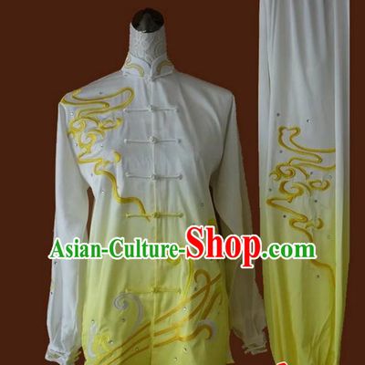 Asian Chinese Top Grade Silk Kung Fu Costume Martial Arts Tai Chi Training Suit, China Embroidery Gongfu Shaolin Wushu Gradient Yellow Uniform for Women